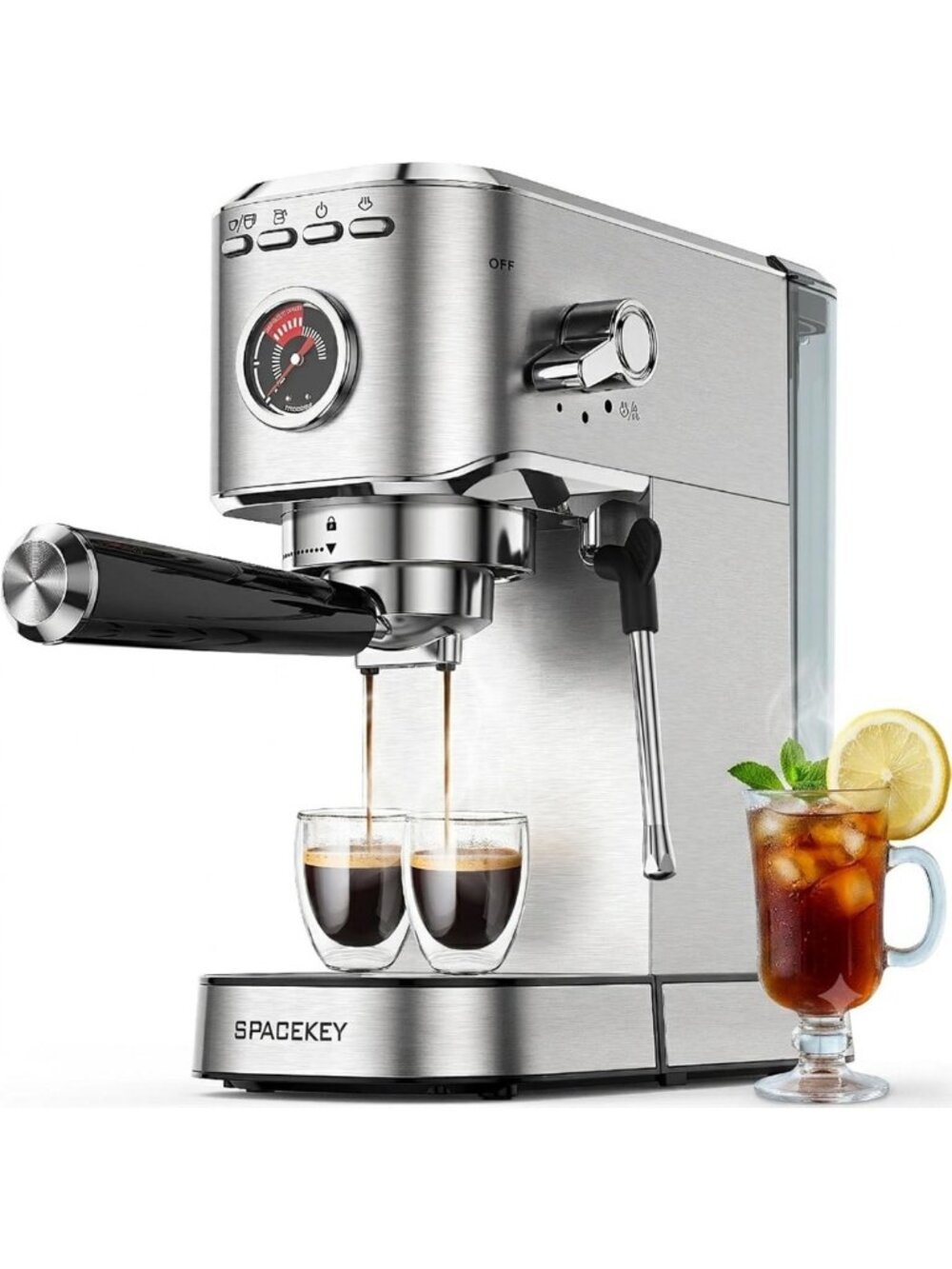 Compact Espresso Machine with Milk Frother, 20 Bar, Stainless Steel, 39oz Tank
